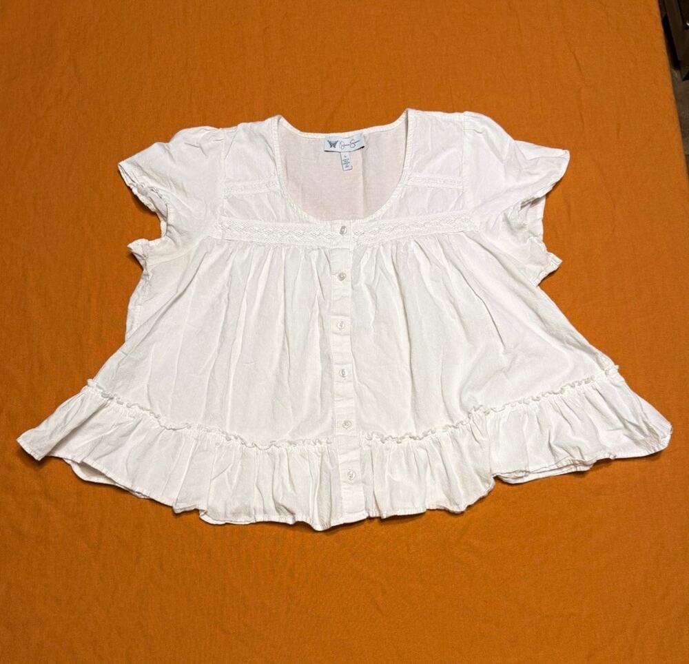 Cotton Women’s L White Ruffle Blouse Renfaire Cottagecore Fairy Whimsy Victorian